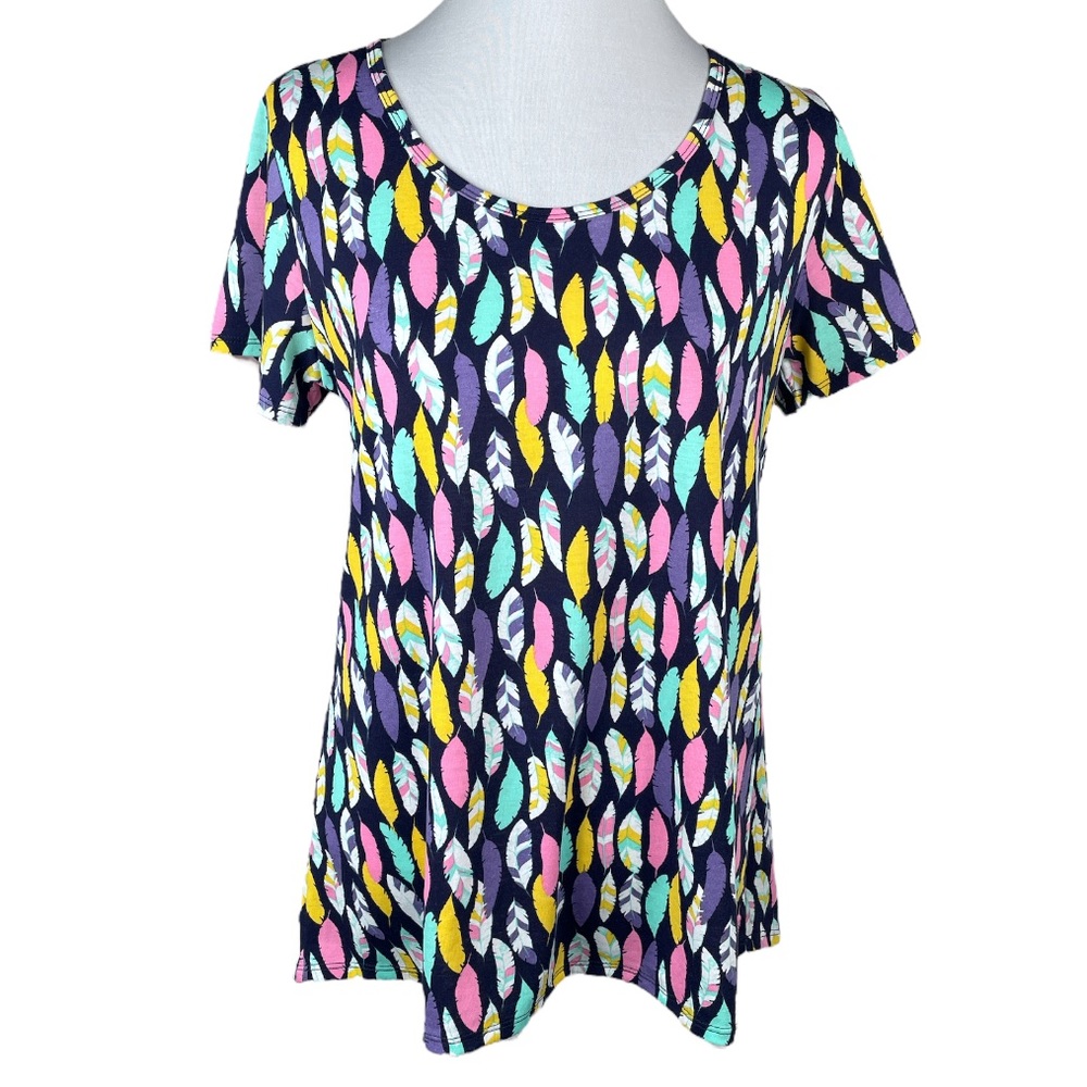 Lularoe Irma Feather Print Scoop Neck Hi-Lo Hem Short Sleeve T Shirt Size Medium